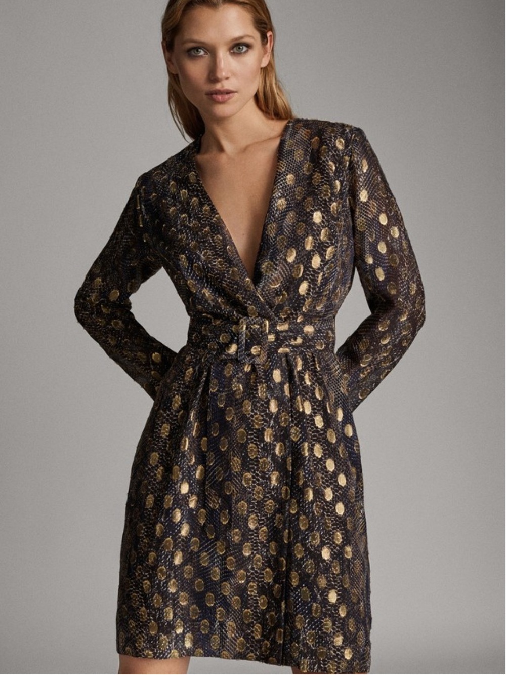 Massimo Dutti Navy Wrap Dress with Gold Dot Print